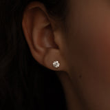 Close-up of a woman's ear wearing a single round diamond stud earring.