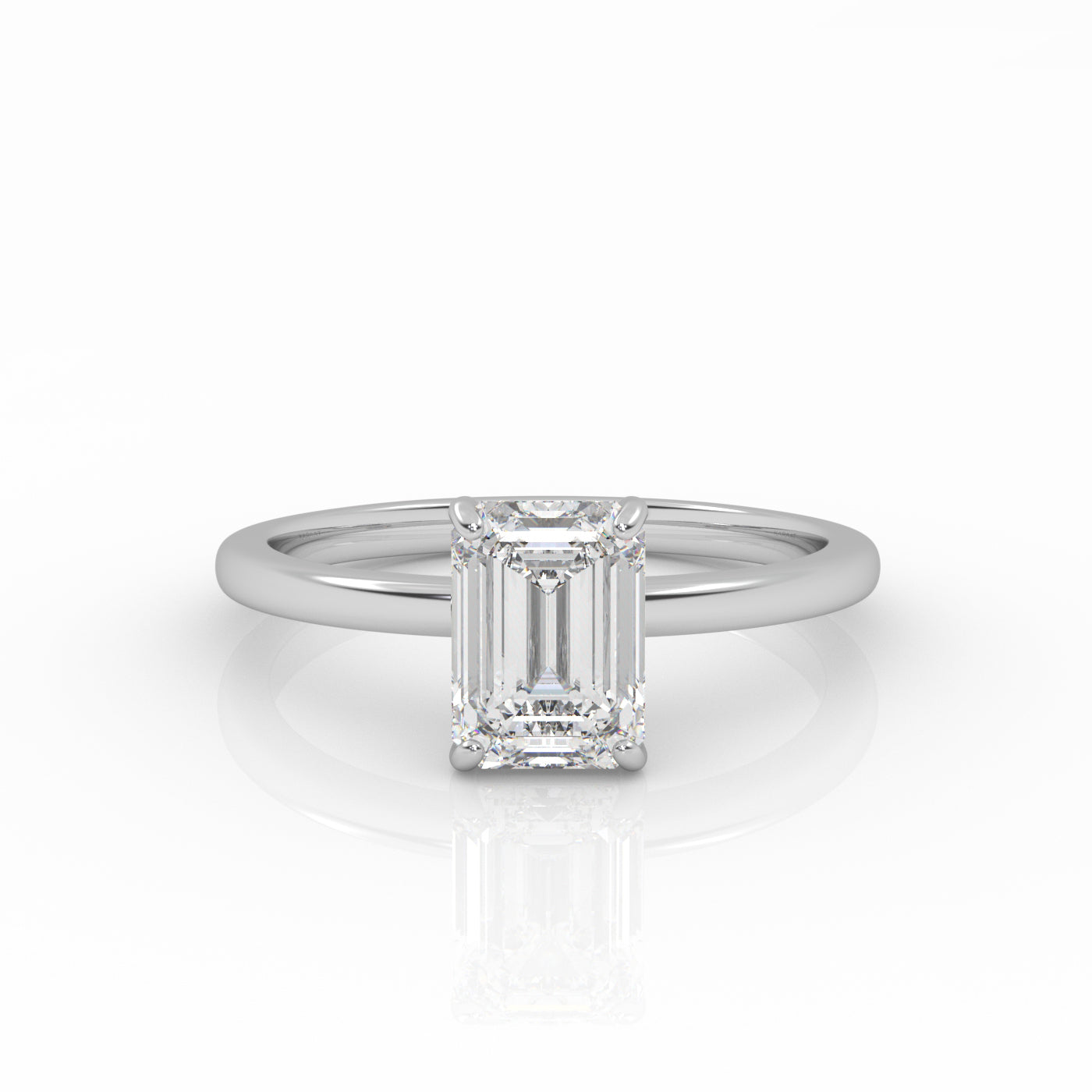 Elegant Emerald Solitaire engagement ring, crafted from ethical 1-carat lab-grown diamond and 18k white gold.