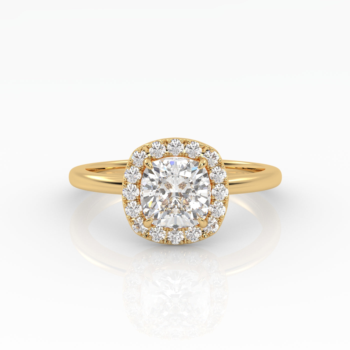 An exquisite yellow gold cushion-cut diamond ring featuring 1 carat diamond in a halo setting.