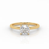 Cushion Solitaire engagement ring, made of 1 carat lab-grown diamond and 18k yellow gold.