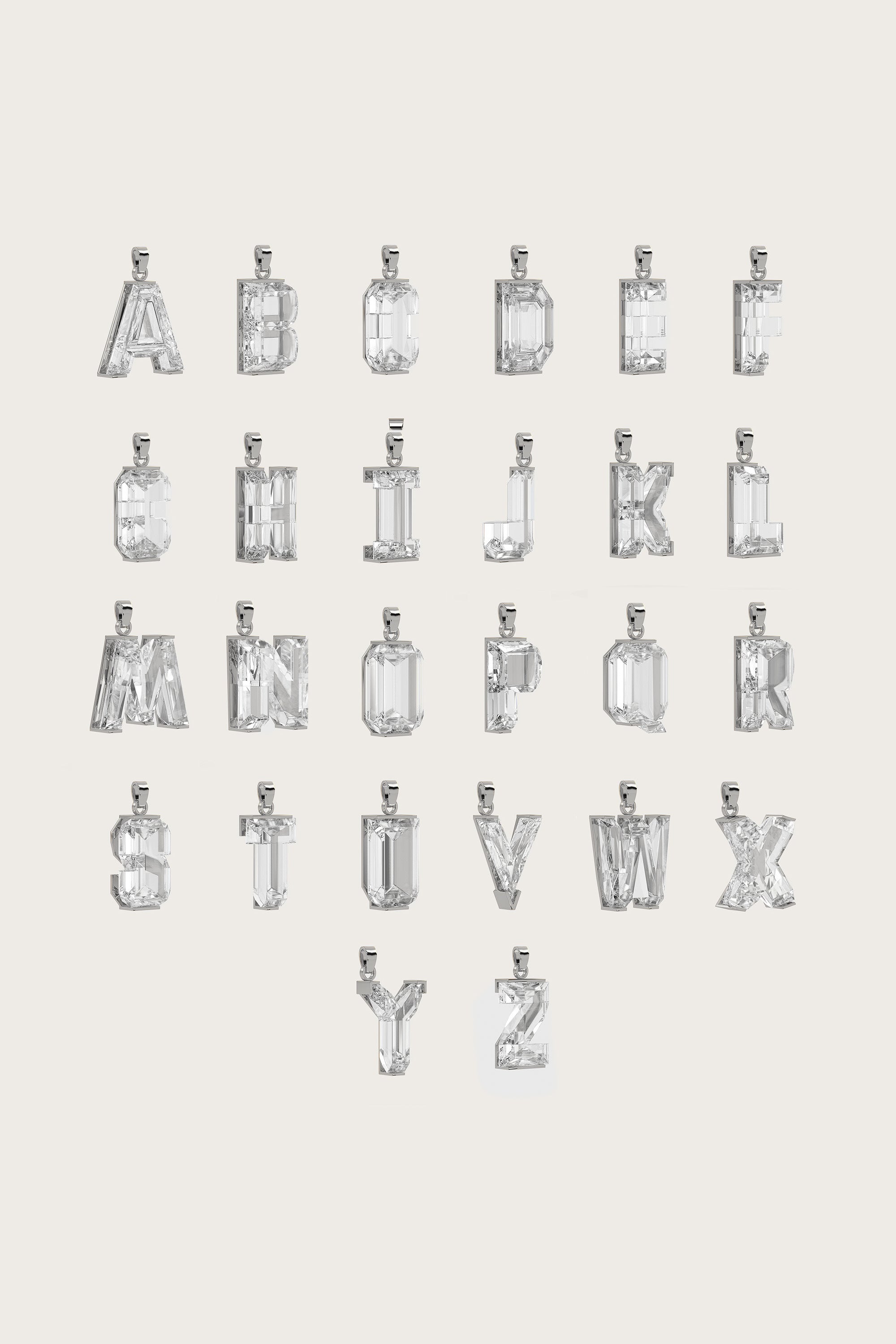 Collection of silver alphabet pendants, each adorned with sparkling gemstones, displayed on a light beige background.