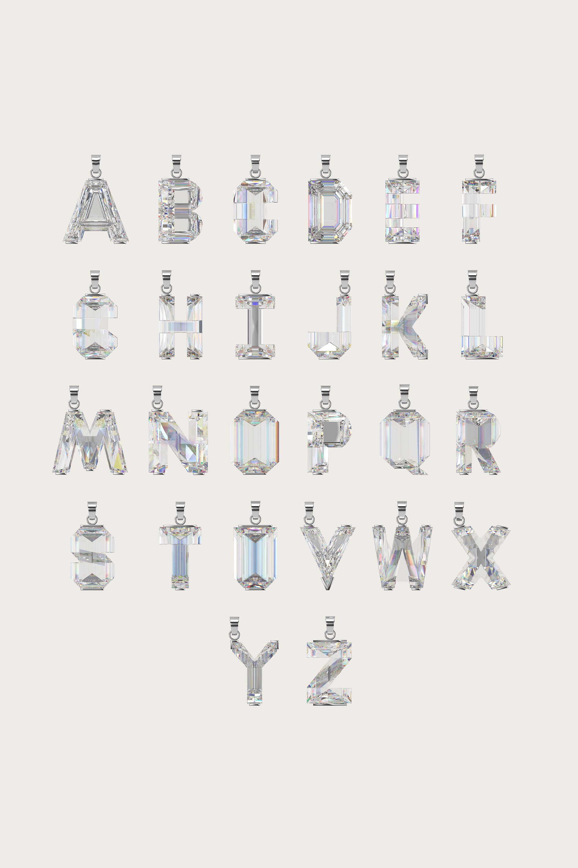 Set of silver alphabet pendants with sparkling gemstones in various cuts, arranged alphabetically on a light beige background.