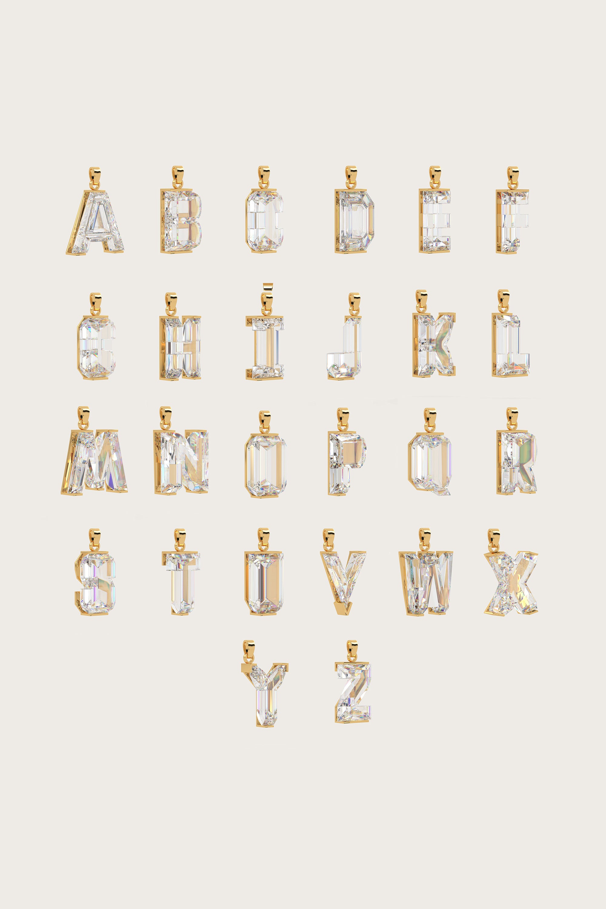 Collection of gold alphabet pendants, each adorned with sparkling gemstones, displayed on a light beige background.