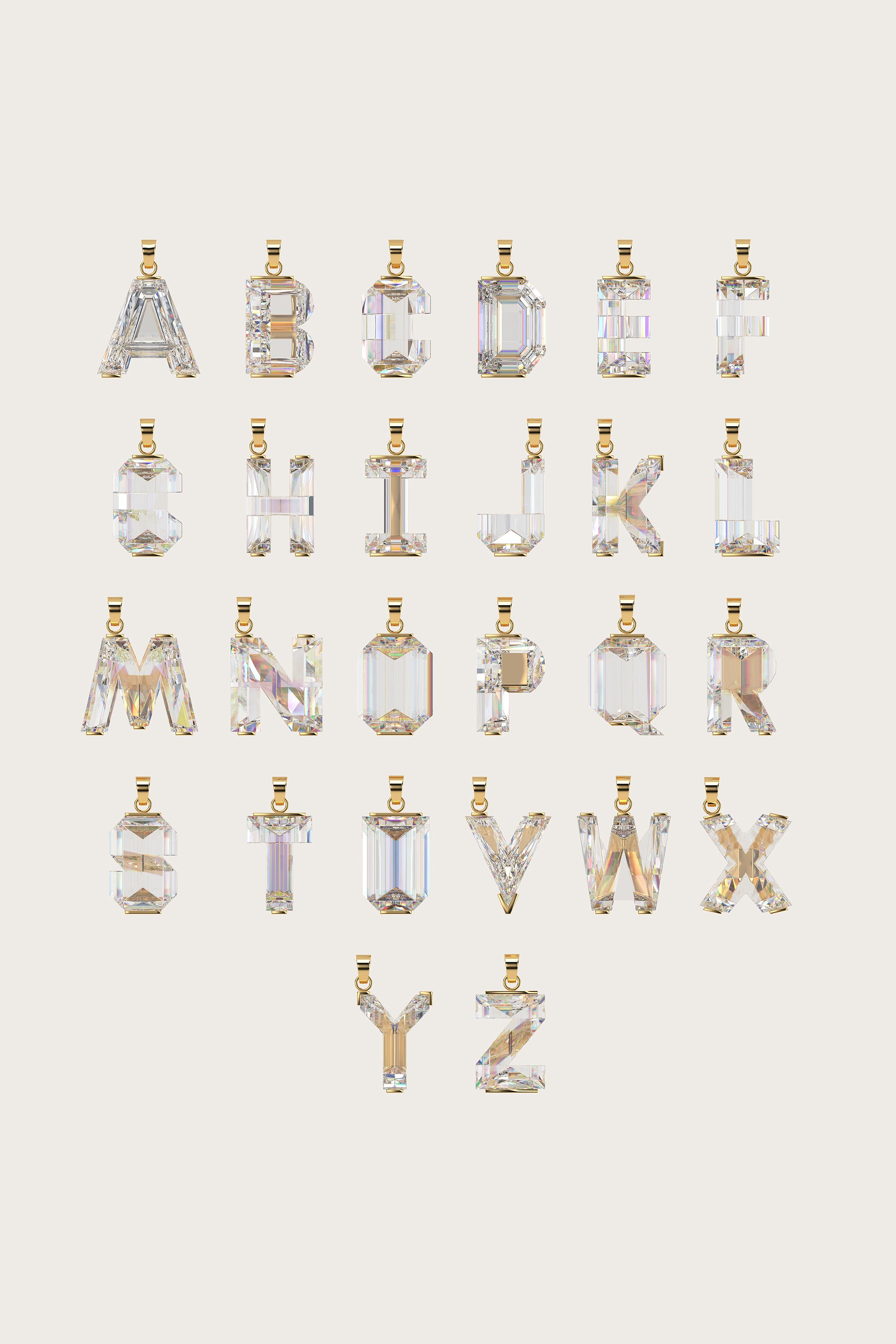 Set of gold alphabet pendants with sparkling gemstones in various cuts, arranged alphabetically on a light beige background.