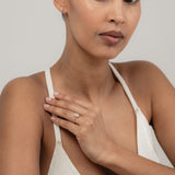 An editorial portrait of a model wearing a white strap top, elegantly displaying a white gold KARAAT emerald-shaped diamond solitaire ring stacked with a gold band on her finger.