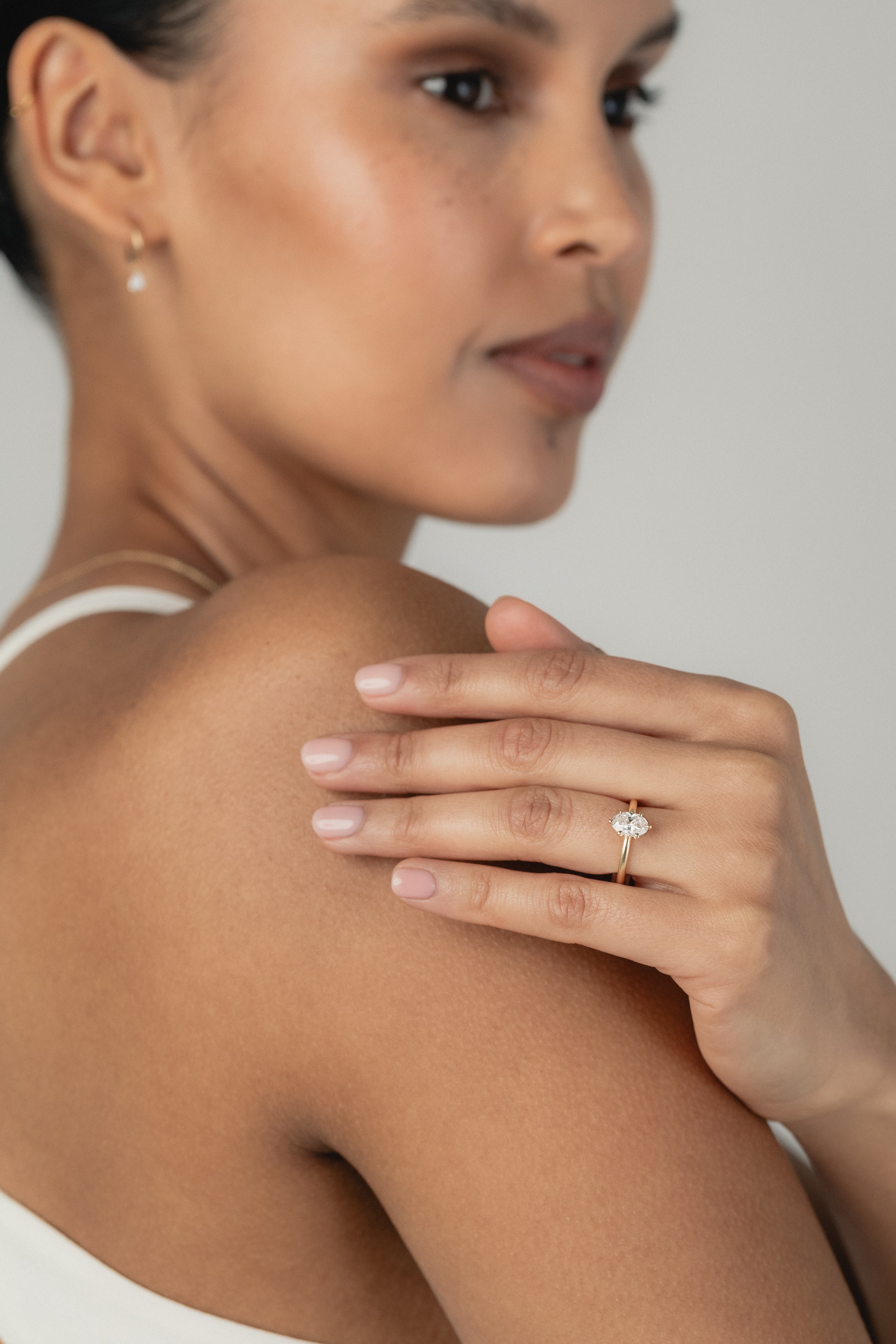 Bridal inspiration featuring the KARAAT Oval Six Prong Solitaire ring in 18k white gold, styled for a modern wedding look.