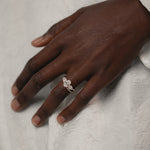 Model's hand wearing the KARAAT Oval Trilogy engagement ring in 18k white gold, showing the three-stone proportions.