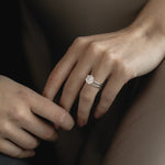 Close-up view of the KARAAT Round Six Prong Solitaire in 18k rose gold on a model’s hand, showing the secure setting.