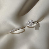 Macro photography of the KARAAT Round Six Prong Solitaire in 18k white gold, detailing the diamond facets and prongs.