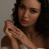 Romantic bridal styling with the KARAAT Round Trilogy three-stone diamond ring in 18k white gold.