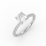 Captivating Cushion Solitaire Ring with a dazzling white gold pavé band.