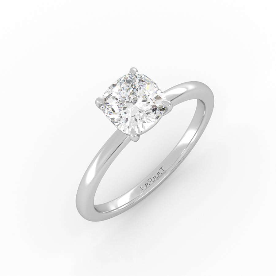 Cushion Solitaire lab-grown diamond ring in the white gold 4-prong setting. 