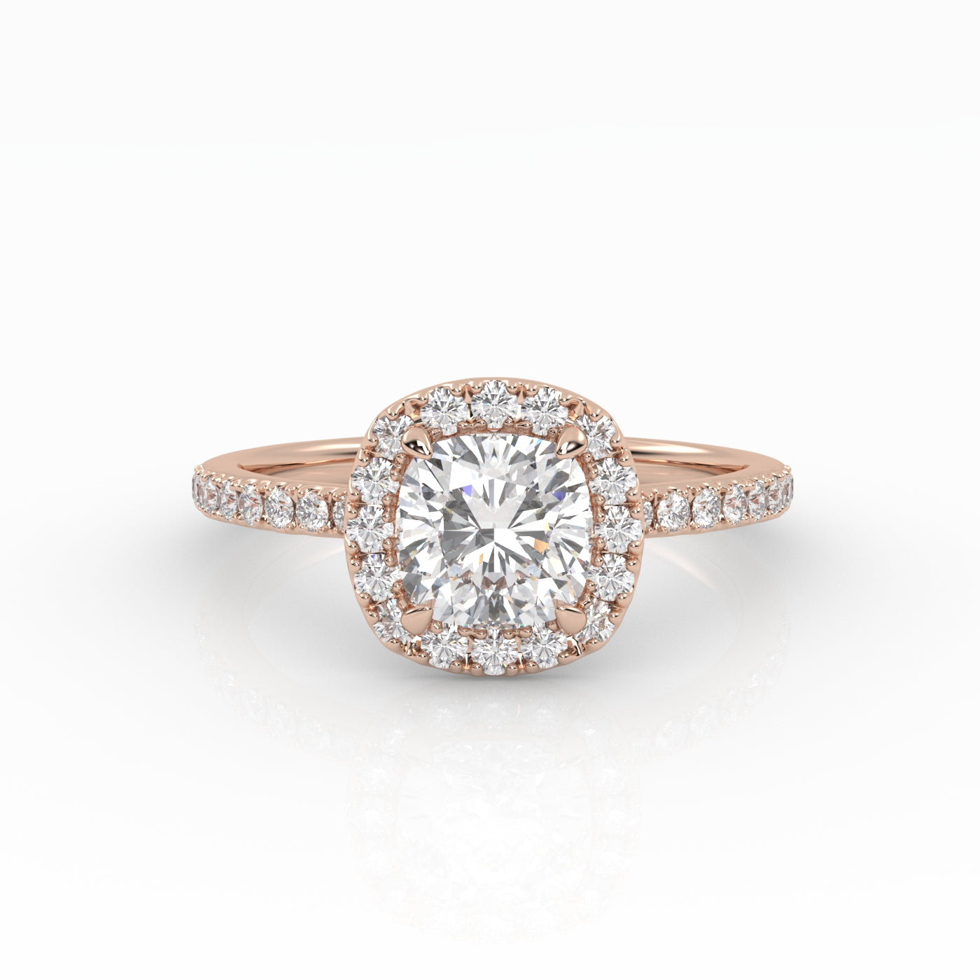 A refined cushion-cut diamond with Halo in a rose gold pavé band setting.