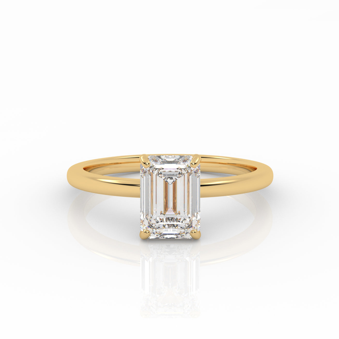 Emerald Solitaire engagement ring, made of 1-carat lab-grown diamond and 18k yellow gold. 